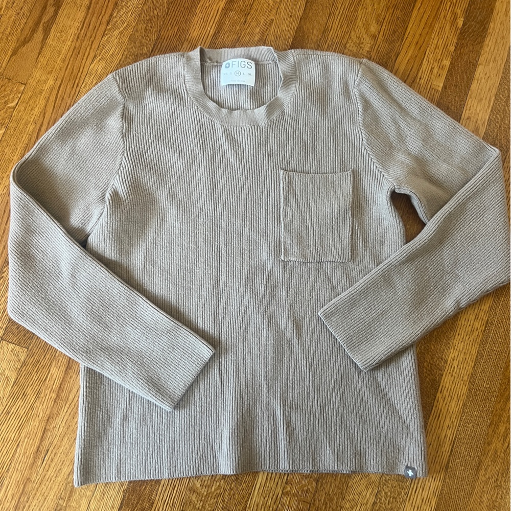 Figs Women’s Pullover Ribbed Knit Beige Tan Sweater pocket - Medium